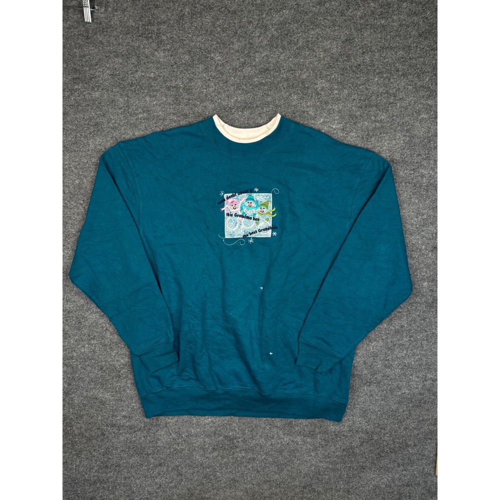Vintage M&C Sportswear Grandma Snowman Sweatshirt XL Teal Blue 90s Pullover